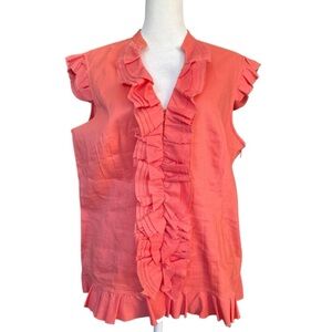 Saks Fifth Ave Coral Ruffle Linen Blend Top Designer Romantic Blouse Size 12